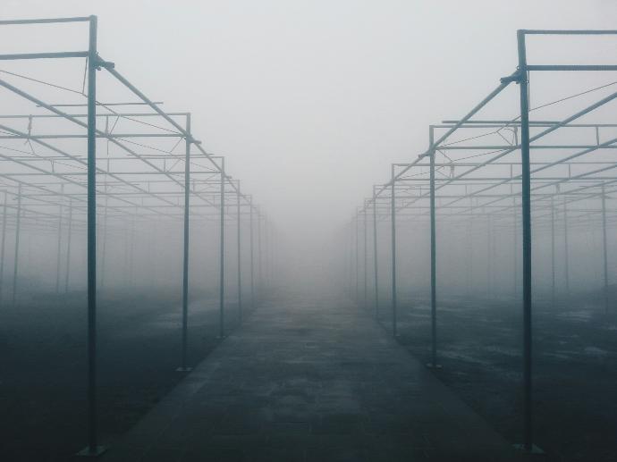 architectural photography of foggy metal building frames